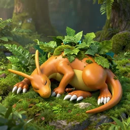 3 d octane render of venusaur in monster hunter world, sleeping, leaves and moss growing on its back, nature photograpy, highly detailed