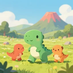 cute dinosaurs walking around a field with a volcano in the background, concept art, illustrated, highly detailed, high quality, bright colors, optimistic,