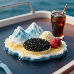 an island made of caviar, mountains made of ice cream, coke water ( dark brown water ), colourful, photo taken from a boat, 3 5 mm, cinematic