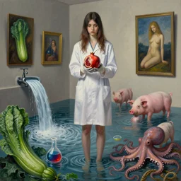 painting of a tall emo girl holding a pomegranate in a flooded art gallery, paintings on the wall, courgettes, waterfall, dripping faucet, beaker of coloured liquid, pigs, hemp ropes, octopus, lab coat, latex gloves, zen, sensual, surrealist, by magritte and monet