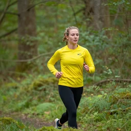 a beautiful female orienteer wearing a yellow long - sleeved shirt and black tights runs in the forest, award winning photo, sigma 5 5.