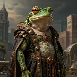 costume design made by idealisic concepts, sophisticated composition, old masters light composition, procedurally generated, frogzilla creature, citiscape behind, substance designer, PBR, HD, Ultra detailed, hyperrealistic, megascans, volumetric light, concept by master artist, made in paint tool SAI2, trending pixiv face