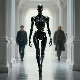 cyberpunk skeletal black mecha android walking down hallway, Skeletal face single eye. long limbs black shiny. glowing_red_eye RTX UE5 Artstation Bladerunner_2049_scene!!!!!! Cyberpunk 2077 bladerunner2049!!! bladerunner!!! Dark figure walking down white hallway slightly offset fancy hallway. reflective floor!!!!! Tom Bagshaw and Greg Rutkowski and Alphonse Mucha