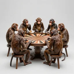 A beautiful kinetic sculpture of a group of monkeys playing backgammon. The monkeys are seated around a table, with some of them appearing to be deep in concentration while others appear to be playing more casually.  by Ryan Stegman tumultuous, incredible