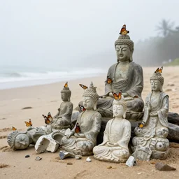 on a foggy morning, a group of butterflies perched on a pile of broken buddha statues on the beach, by craig mullins