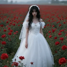 scarcrow wearing a wedding dress. a field of red flowers. eerie