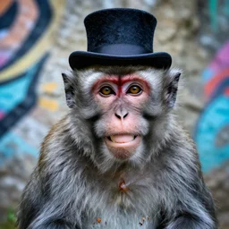 highly detailed closeup portrait of a cool monkey, happy smile, grey fur, wearing a top hat, graffiti art on stone wall
