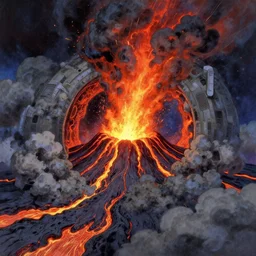 intergalactic stargate portal in the middle of a volcanic eruption, with lava and ash all around it by alphonse mucha and wes anderson, style of anime