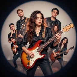 design of Lola Flores playing the electric guitar, kim jung gi, Greg Rutkowski, Darek Zabrocki, Karlkka, Jayison Devadas, Phuoc Quan, trending on Artstation, 8K, ultra wide angle, pincushion lens effect