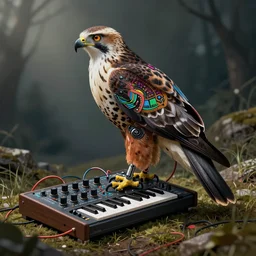 a scientific illustration of a cybernetic hawk that is an eurorack modular synthesizer, with electronic colorful feathers, cables and knobs in its body. john james audubon