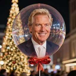 macys parade balloon of a middle aged blonde man in a suit, press photo, hyper realism