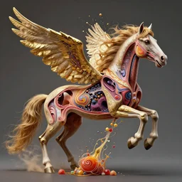 hyperrealistic photo of a flying winged opened up horse which internal body parts explode into cosmic marbled paper texture made out of liquid gold and candy and stringy taffy, complexity, intricacy, anatomically correct, medical photo, cross sections, moody, micro details, 1 6 k