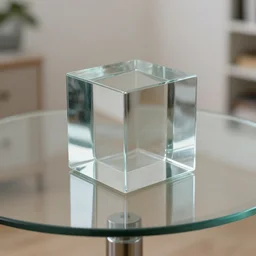 A glass cube on top of a glass table in a house made entirely off glass, 4K