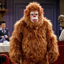 a shaggy bigfoot clown in a famous sitcom scene, 3 5 mm photograph