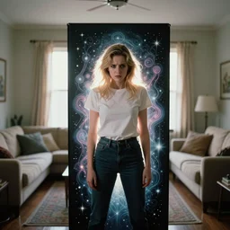 backlit photograph of anxious young woman standing in front of tall black box radiating esoteric energy in suburban living room, crisp focus, highly detailed, in cindy sherman style, 3 5 mm ektachrome