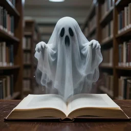 whispy ghost floating out of an opened book at a lirbary, creepy, realistic, detailed,