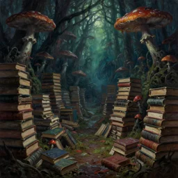 a creepy forest of evil books moldering, decaying. dark toxic mushroom forest. vast stacks of demonic books. style of lovecraft. horror fantasy concept art. oil painting. colorful and high detail. photo realistic. 8 k.