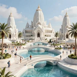 futuristic utopian paradise, canals, bridges, white marble temples, palm trees, crowds of people, by leon tukker, hertha hurnaus, photography, low angle, cinematic lighting,, pinterest