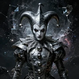 ominous front shot of a court jester character fine portrait fine portrait mesmerizing fractal hyper cubes platinum cracked dark future hyper dimensional space galactic crystal shard nebula edges elegant detailed intricate concept artstation sharp focus cinematic masterpiece temporal corruption beeple wlop lok du germ gustave dore 8 4 k scifi realistic illustration fujifilm nvidia octane illumination