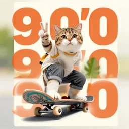 9 0's, 1 9 9 0 s style poster with a cat riding on a skateboard giving a peace sign ✌