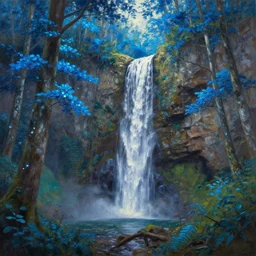 A beautiful oil painting of a very tall waterfall on a very rocky cliff, in the middle of a huge forest of trees with bright blue glowing leaves, by Greg Rutkowski