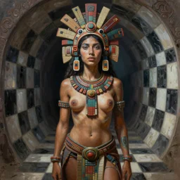beautiful aztec inca woman half - length standing by eddie mendoza hyperrealism expressive eyes cyborgess tunnel checkmates symmetrical very very detailed giger beksinski