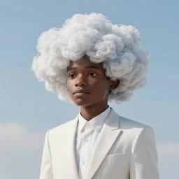 beautiful 3D rendered fictional black character, his head is made of fluffy clouds, wearing white suit, realistic, 8k, 4k, unreal engine, by Antoni Tudisco, artstation