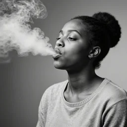 a photography of a black woman blowing smoke. black and white, 8 k