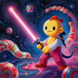 an extremely high quality hd surrealism painting of a 3d slow-shutter galactic neon complimentary colored cartoon surrealism melting light-saber candy wormhole by kandsky and salviosa dali the seventh, salvador dali's much much much much more talented painter cousin, 4k, ultra realistic, super realistic, so realistic that it changes your life