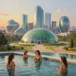 capital city of the free republic of lberland, beautiful women enjoying water in the foreground, humongous green glass dome and path around it and humongous futuristic glass buildings built in the horizon, sunset light, hyperdetailed, artstation, painting by gaston bussiere, craig mullins, j. c. leyendecker, 8 k