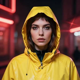 A hyper realistic and detailed head portrait photography of a woman wearing a futuristic yellow raincoat with hoodie by Petra Collins. Neo noir style. Cinematic. Swirly bokeh. Red neon lights and glow in the background. Lens flare.