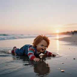 wide angle photograph of screaming chucky doll crawling out of water on beach under beautiful sunset realistic cinematic ektar 1 6 0