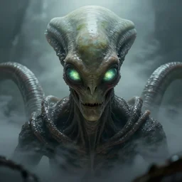 grotesque alien with long forehead. green semitransparant cloudy lightly glowing eyes. high quality photorealistic octane render 4 k, hyperrealism, volumetric fog, scary, unnerving, serious, dark, fear, concept art of h. r. giger, trending on artstation, symmetric, horror, gigantic kaiju looking down worms - eye - view