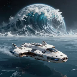 An epic digital art of a futuristic spaceship parked on the water surface of an exoplanet where in the background a giant wave is approaching, Artwork by Anton Fadeev, trending on ArtStation