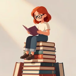 a young woman with red hair and glasses sits on top of a tall pile of books. she is reading. clean pretty cartoon painting, cel shaded vector art, beautiful detailed face.