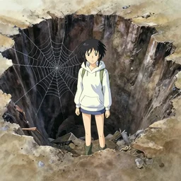 anime movie scene, mamoru oshii, otomo, ultra wide, vanishing point, hoody woman explorer, watercolor, crater, chasm, collapse, sinkhole, spiderwebs, flowers, billboards, sun beam, dusty volumetric lighting, rim light, paper texture, puddles, deserted shinjuku junk, brutalist, underpass, yellow, red