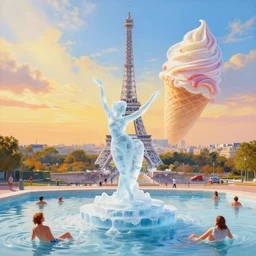 a highly detailed and realistic painting of a dancing ice sculture eiffel tower in paris with melting ice cream of the paris skyline on a very sunny bright summer sunset day, very hot and the ice is melting fast and people are swimming in the icecream in the style of james jean and botero