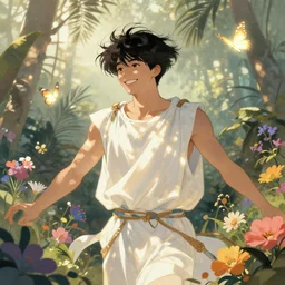 harmony of black haired yoongi wearing white greek clothes, smirking, muted colors, colorful flowers, tropical, sunlight filtering through skin, dynamic hair movement, dynamic pose, glowing butterflies, j. c leyendecker, by alan lee, wlop! illustrated by starember, fantasy art by craig mullins