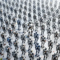 detailed intricate epic atmospheric illustration hyper detailed, millions of robot android workers standing in a crowd surrounding a gleaming steel and glass pyramid reflecting the bright sun, in a future city