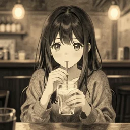anime girl sitting and drinking in a cozy bar, 0, volumetric lighting, symmetrical face, detailed face, hyper real, pencil art, moody lighting, cute, comfy