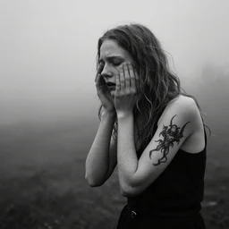 still from a homemade video of some despair as lars von trier would depict it, she is 2 3, skinny and beautiful and listens to oathbreaker, she has a gorgon tattoo on her arm, photo, black and white, the background is unsafe, insanely detailed, foggy like in norwegian black metal aesthetic