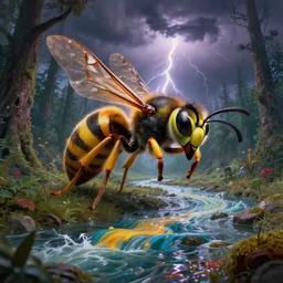 photo of a crazy wasp, warped reality, cinematic lighting, magical forest, thunderstorm, flood, rivers of paint, fantasy landscape, artstation, exquisite, art by alison watt, altichiero, americo makk, arthur hughes