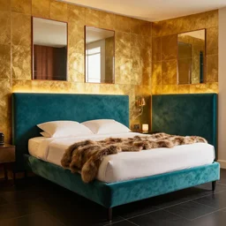a large bed with an aqua headboard. Behind the bed is a wall covered with gold tile and copper mirror. The floor is black tiles. A fur throw is on the bed. Warm lighting.
