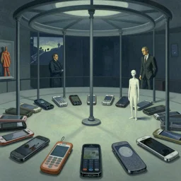 The panopticon of cellular phones, Edward Hopper and James Gilleard, Zdzislaw Beksinski, Mark Ryden, Wolfgang Lettl highly detailed, hints of Yayoi Kasuma