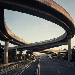 a still from elysium by ian mcque - multiple circular interconnected highway overpass interchange, dramatic lighting, afternoon, leaning over a 4 - lane highway, medium 1 0 mm lens, ground street level angle looking up, behance favourite, artstation trending, deviant art,
