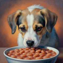 painting of very cute dog eating british baked beans, close up of puppy, by zdzislaw beksinski, by dariusz zawadzki, by wayne barlowe, amazing details, biomorphic, gothic, surrealism, cosmic horror, lovecraftian, cold hue's, warm tone gradient background, concept art, beautiful composition