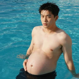 “Handsome young Chinese man in his 20s with a big pregnant belly going swimming, photographed by Annie Leibovitz”