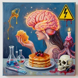 a women holding a glowing brain, sparks, honeycomb, organic, femme, high voltage warning sign, pancakes, berries, octopus, surgical supplies, skull, scientific glassware, art materials, candle dripping wax, berry juice drips, neo - expressionism, surrealism, acrylic and spray paint and oilstick on canvas