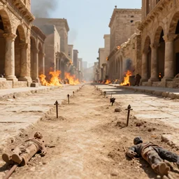 ground close up wide perspective view of burning ancient city streets with bodies impaled on stakes by greg rutkowski craig mullins ross tran levitating lumen reflections matte painting fantasy specular lighting trending on artstation