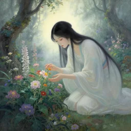 ancient mystical garden, beautiful woman caring for the flowers, fantasy world, ethereal back light, mist, coherent composition, detailed fantasy painting, noriyoshi ohrai, yuumei